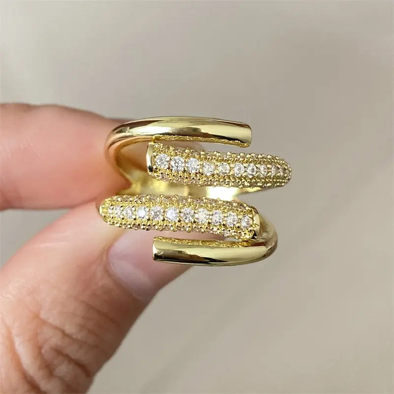 Luxury Adjustable Irregular Claw Leniency Gold Color CZ Zirconia Cross Opening Ring Luxury Jewelry For Party Wedding