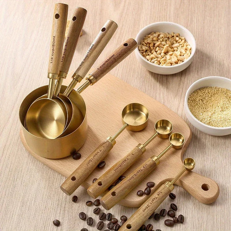 4/8Pcs Wooden Handle Stainless Steel Measuring Cups Spoons Set