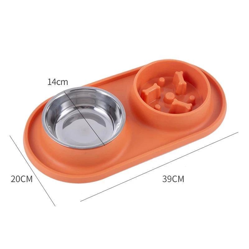 Dog Double Bowl With Silicone Mat Cat Pet Food Water Feeder Drinking Bowls Stainless Steel Anti-Choking Non-Slip Basin