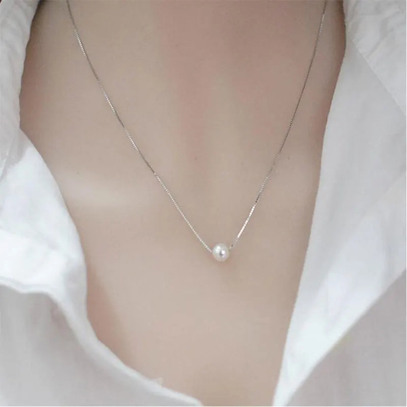 Silver Color Simple Classic 10mm Simulated Pearl Necklace For Women