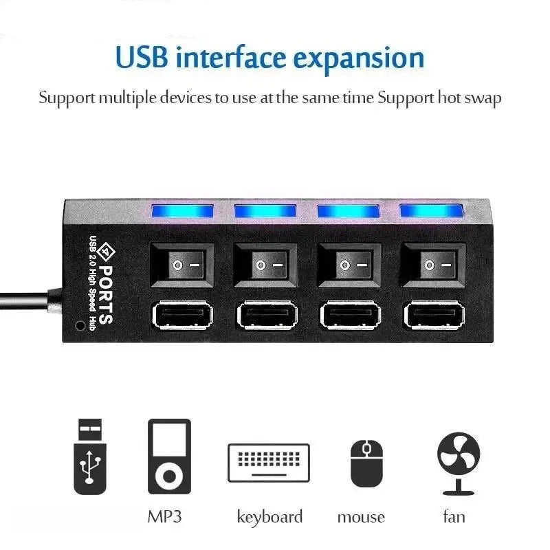 USB 2.0 Hub Multi USB Splitter Hub Use Power Adapter 4Port Multiple Expander USB Hub With Switch 30CM Cable