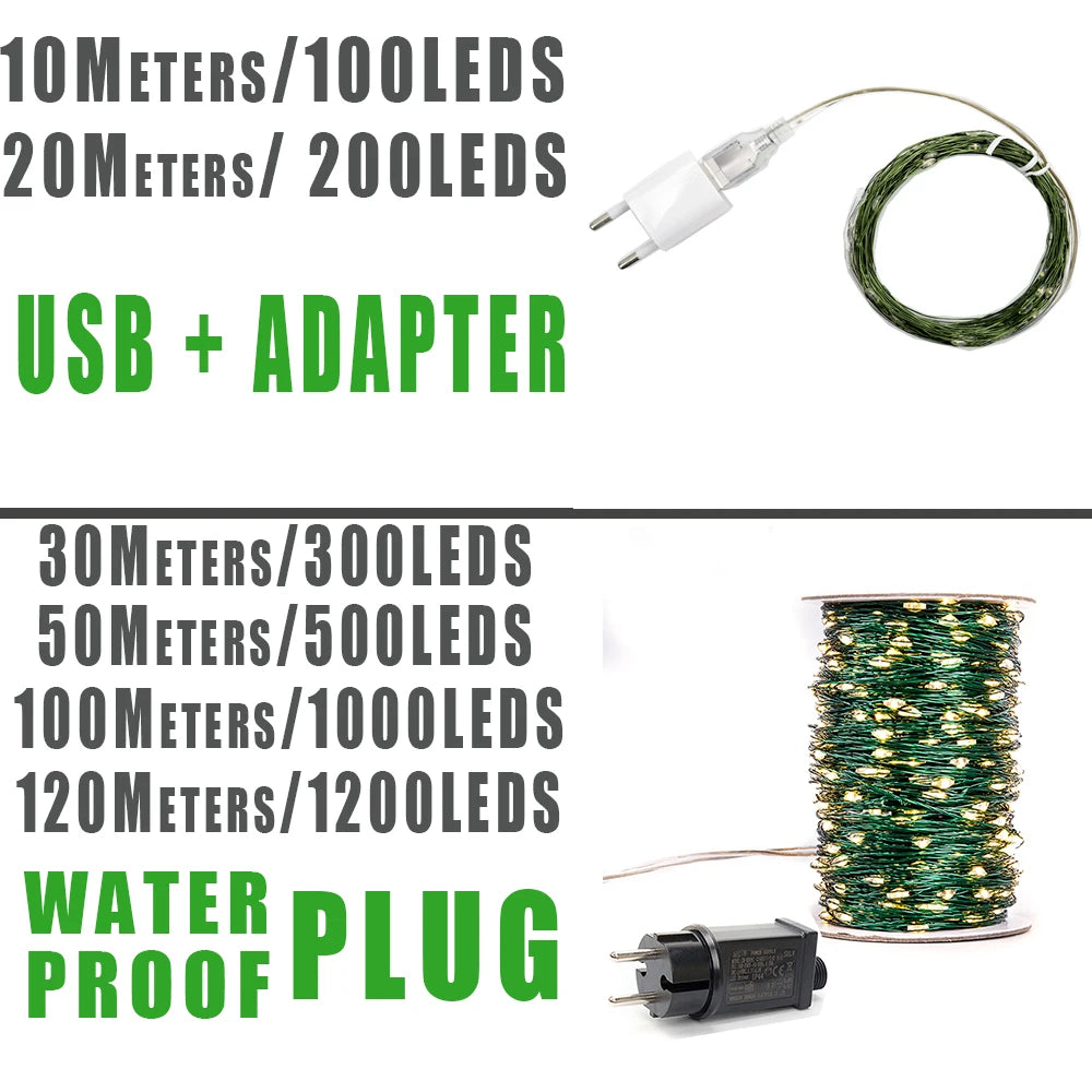 100M LED String lights Green Wire Fairy Lights Garland for Outdoor Christmas Garden Decoration