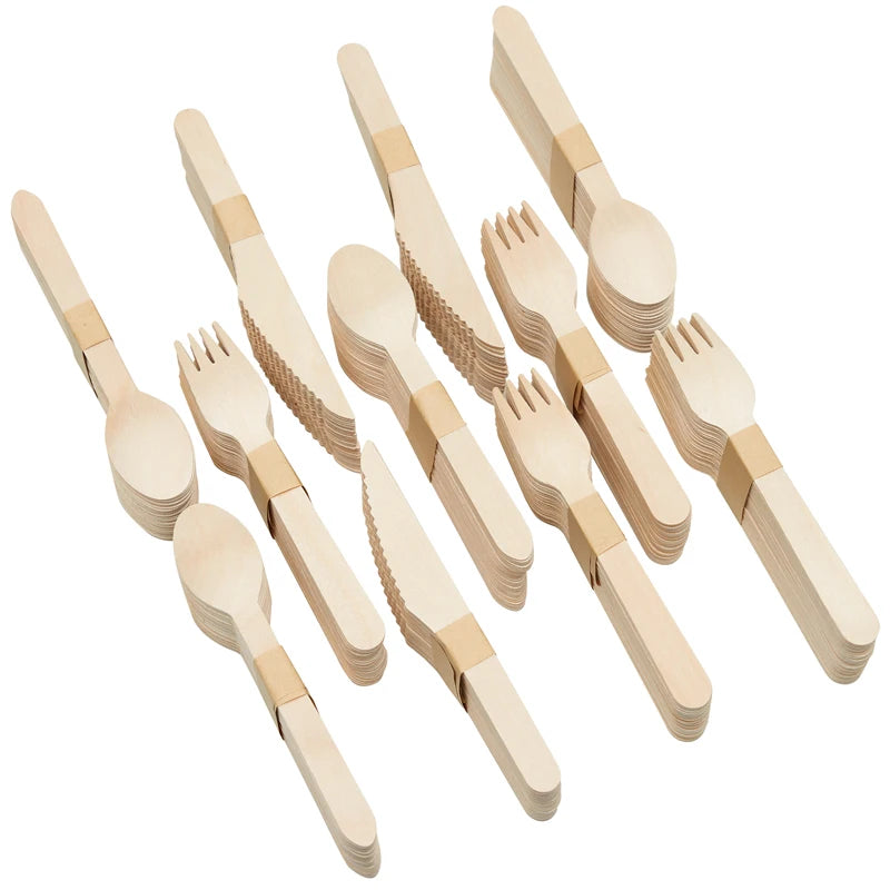 240/300pcs Disposable Wooden Cutlery Set Home Party Dessert Spoons Knives Forks Tableware Supplies Wedding Birthday