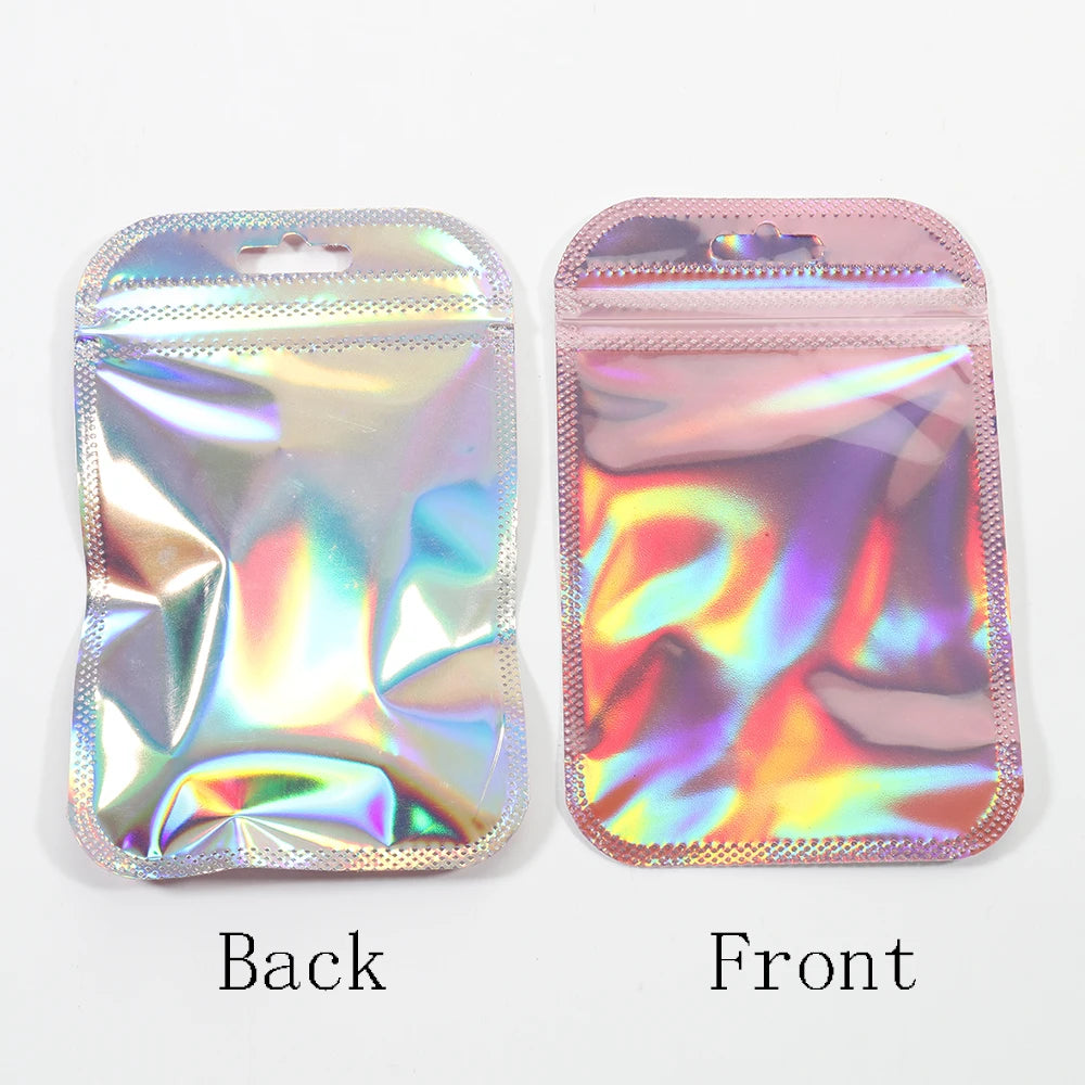 50pcs/lot Holographic Pink Self Sealing Plastic Bag Resealable Zip Lock Pouches Fo Jewellery