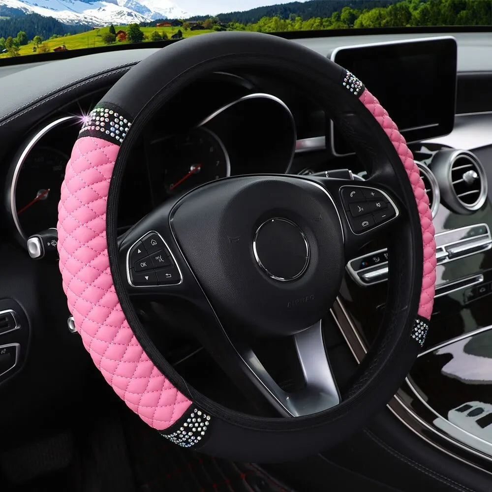 Car Steering Wheel Cover Without Inner Ring 37-38cm Three-dimensional Leather Embroidered Color Diamond-encrusted Breathable