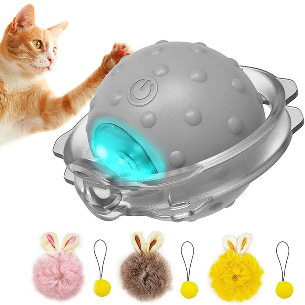 Rabbit Ear Interactive Cat Toy Ball Smart Cat Toys with Bird Sound LED Light Motion Activate Rolling Ball Electric Cats Toy