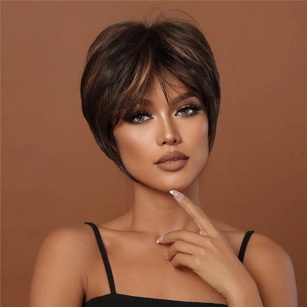 Synthetic Hair Wigs for Black Females Women Short Pixie Cut Hair Wigs With Bangs Party Daily Use Wig Natural Hair Heat Resistant