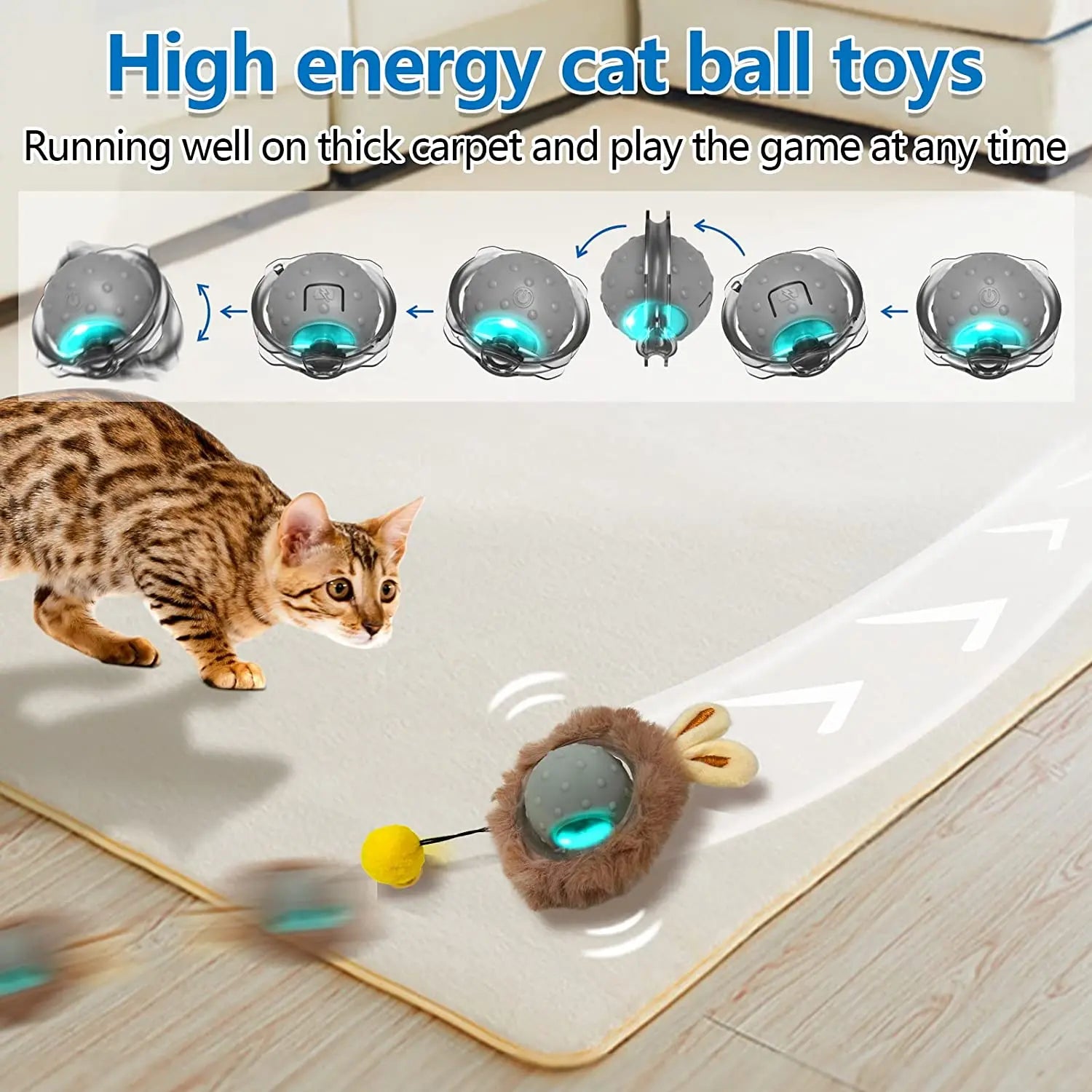 Rabbit Ear Interactive Cat Toy Ball Smart Cat Toys with Bird Sound LED Light Motion Activate Rolling Ball Electric Cats Toy