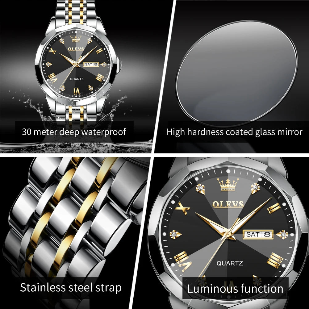 Quartz Solid Stainless Steel Strap Rhombus Design Wristwatch for Men Waterproof