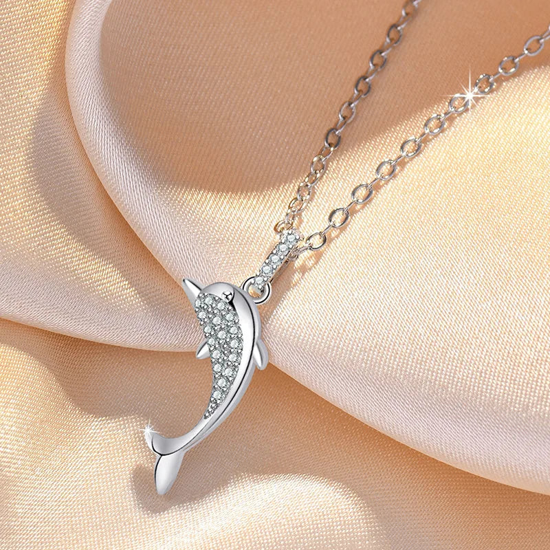 925 Sterling Silver Dolphin Necklace Pendant AAA Zircon For Women