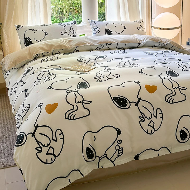 Kawaii Dog Printed Bed Set Floral Duvet Cover Pillowcase Bedding Set Queen King Size