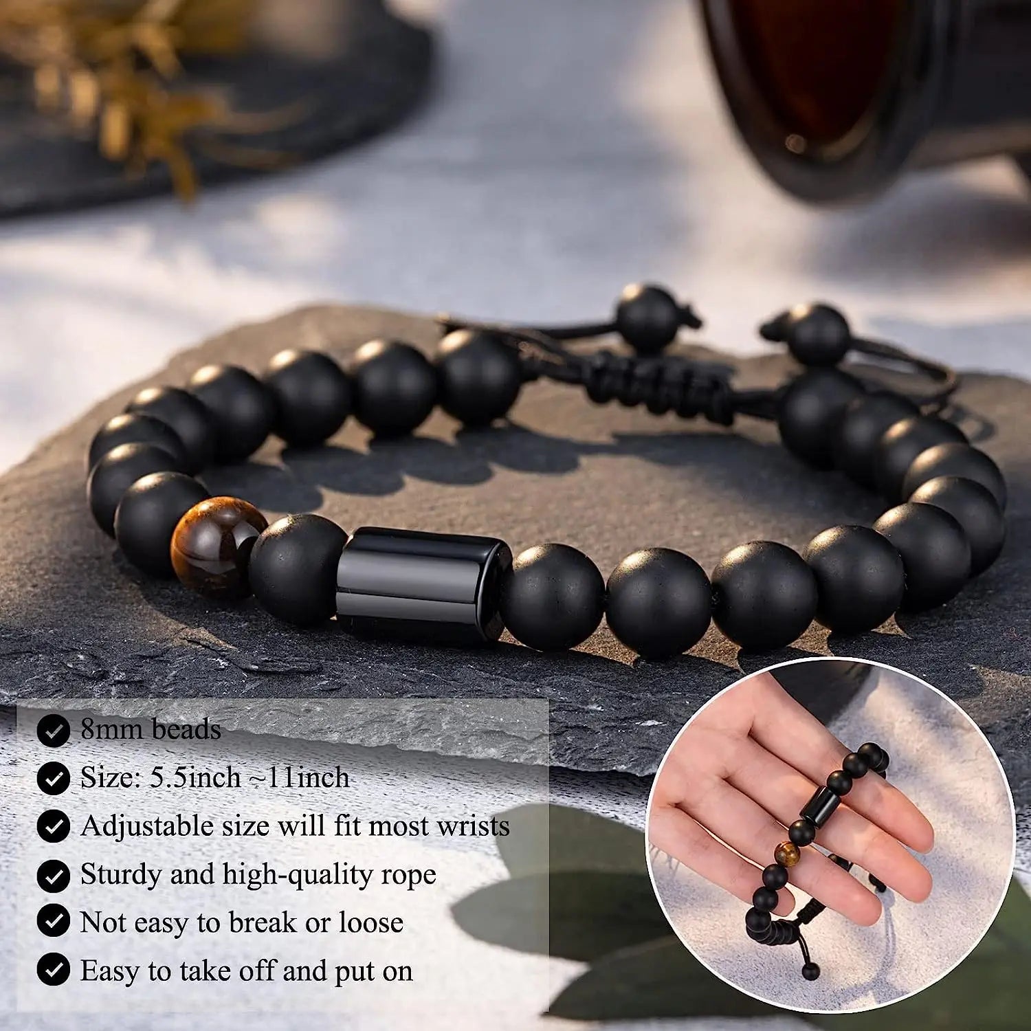 To My Love Bracelet Black Obsidian & Tiger Eye Stone Bracelet with Message Card Jewelry Gifts for Dad Brother  Man Boyfriend