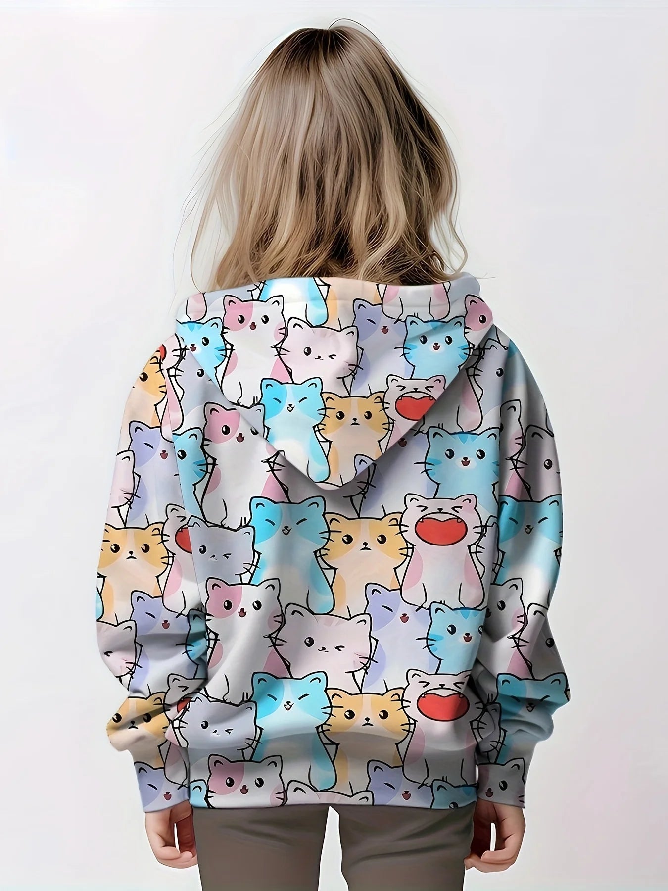 Girls' Colorful Cartoon Cats 3D Printed Long Sleeve Hooded Sweatshirt Pullovers