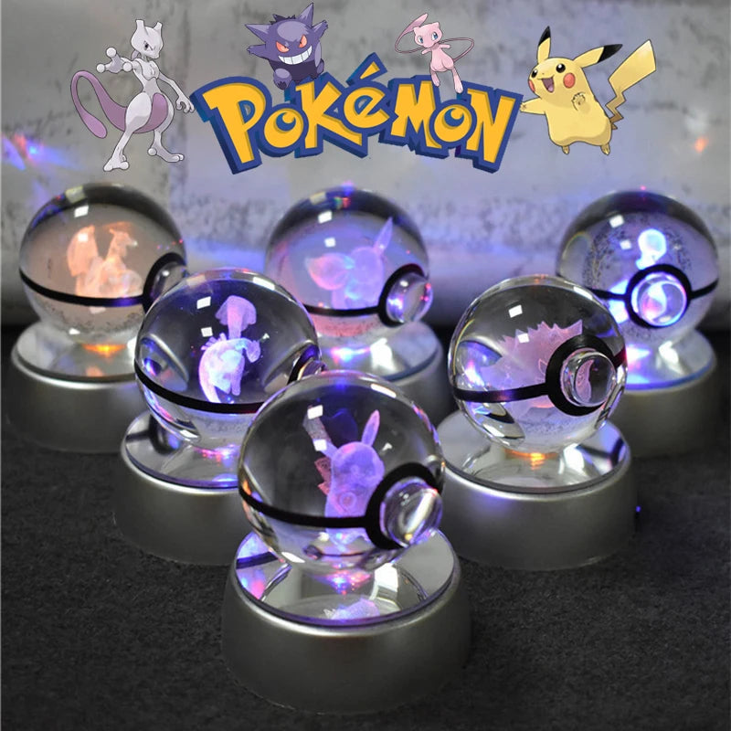 Pokemon 3D Crystal Pokeball Pikachu Gengar Mew Mewtwo Figurines Lamp Base 3D Pokemon Glass Ball Statue Kids Birthday Gift