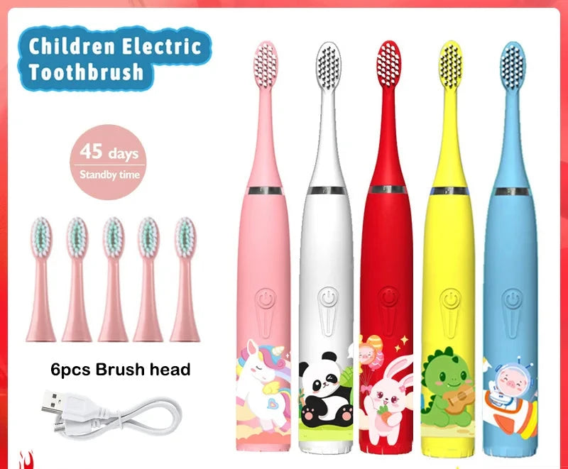 Sonic Electric Toothbrush IPX7 Waterproof With Replacement Heads Automatic Rechargeable Colorful Children Cartoon Brush For Kids