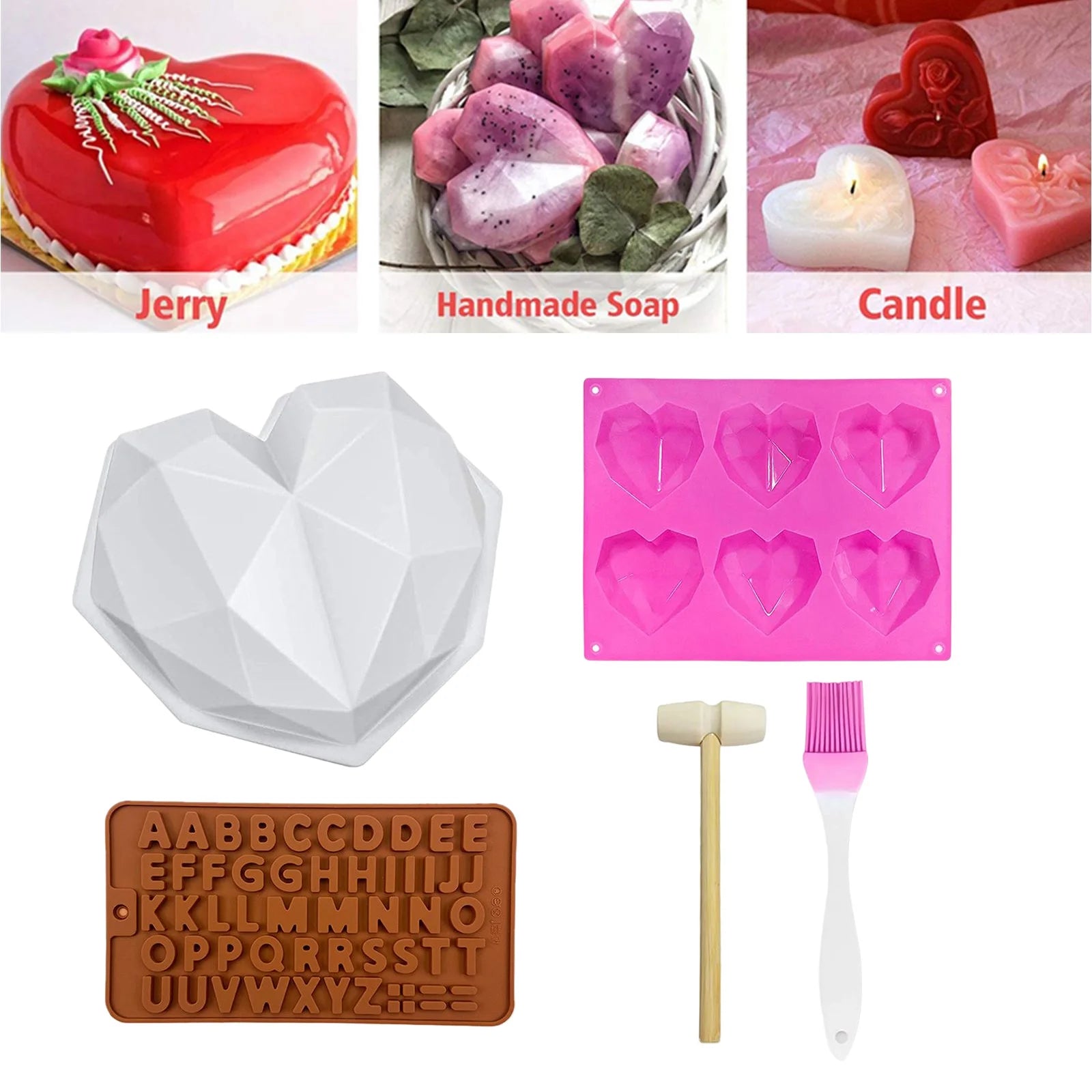 Heart Mold, Silicone Molds Diamond Heart Love Shaped Molds Trays Non-Stick Letter Chocolate Molds with Wooden Hammers Silicone