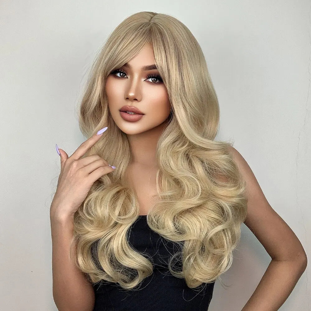 Natural Blonde Yellow Long Wavy Synthetic Hair Wigs with Bangs Women Body Wave Afro Female Wigs Cosplay Daily Hair