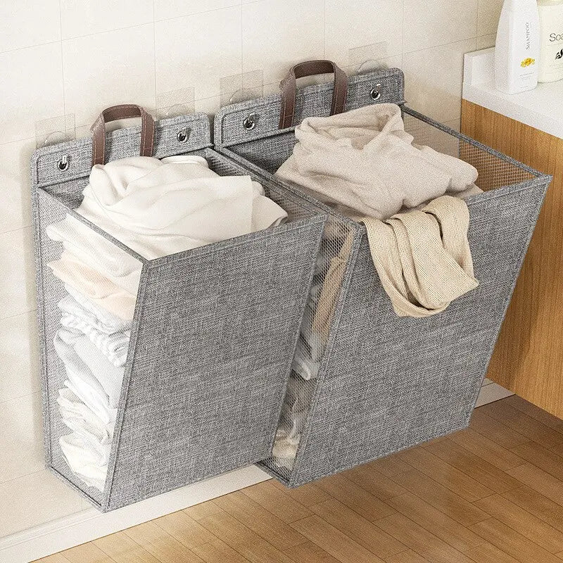 Foldable Adhesive Laundry Basket Hamper, Multifunctional Punch Free Wall Hanging