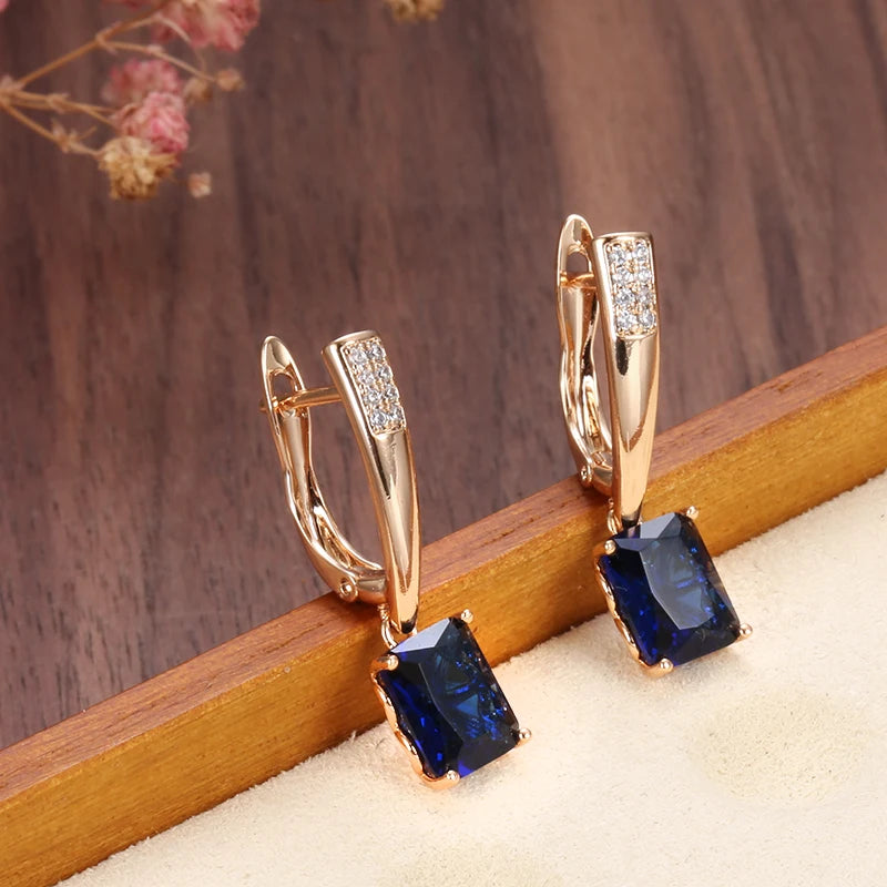 Mysterious Blue Natural Zircon Long Earring For Women Luxury 585 Rose Gold Color Wedding Earrings Fine Jewelry