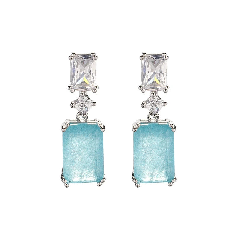 Ocean Blue Geometric Square Cubic Zirconia Drop Earrings for Women