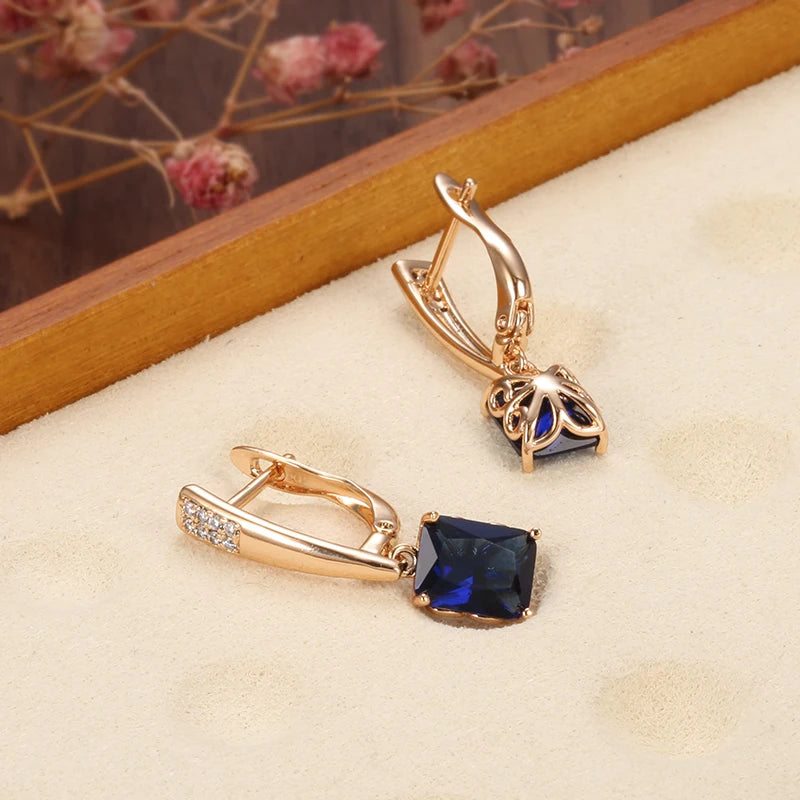 Mysterious Blue Natural Zircon Long Earring For Women Luxury 585 Rose Gold Color Wedding Earrings Fine Jewelry