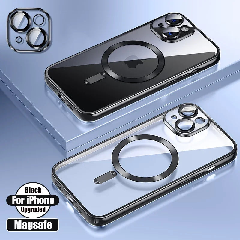 Silicone TPU Transparent Case Plus Magsafe Magnetic Lens Film Protect Cover for iPhone 16 15 14 13 12 11 Pro Max