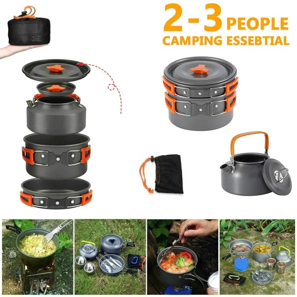 Camping Cookware Set Aluminum Nonstick Portable Outdoor Tableware Kettle Pot Cookset Cooking Pan Bowl for Hiking BBQ Picnic