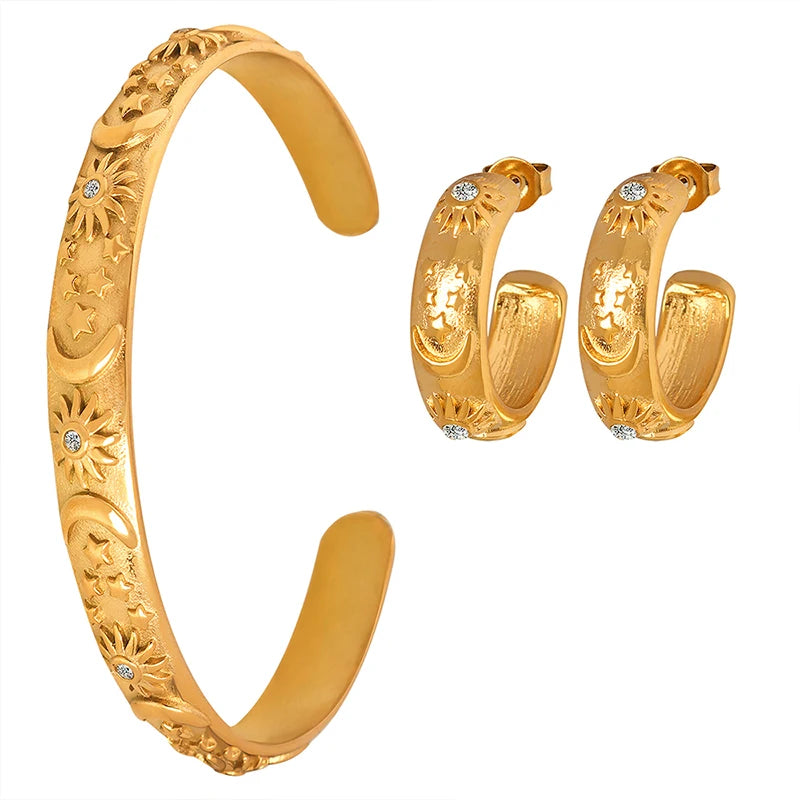 French Palace Style Stainless Steel Gold Plated Bracelet Elegant Women Earring Vintage Wedding Jewelry Set