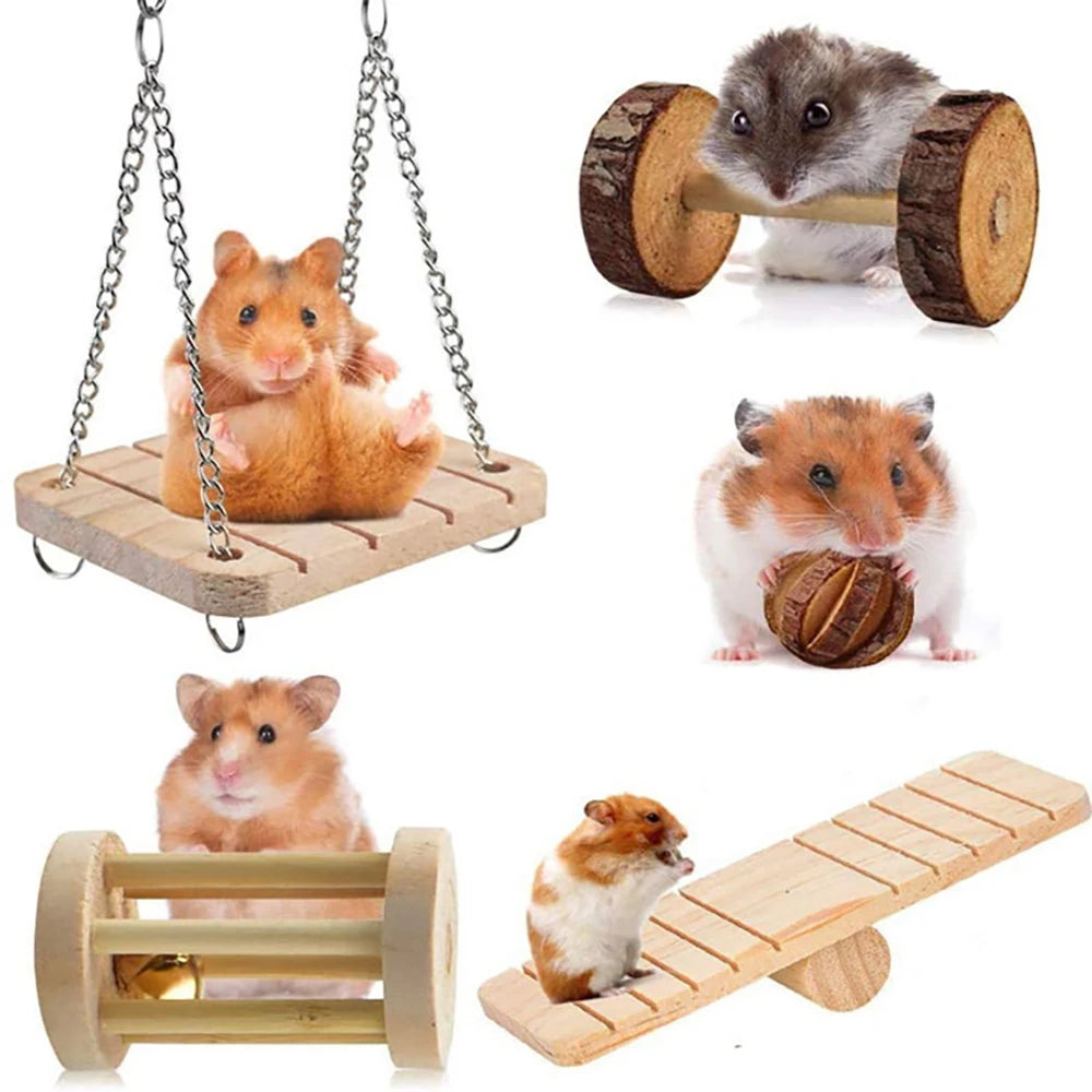 Rabbit Roller Toys Natural Wooden Pine Dumbells Unicycle Bell Chew Toys for Guinea Pigs Rat Small Pet Molars Supplies