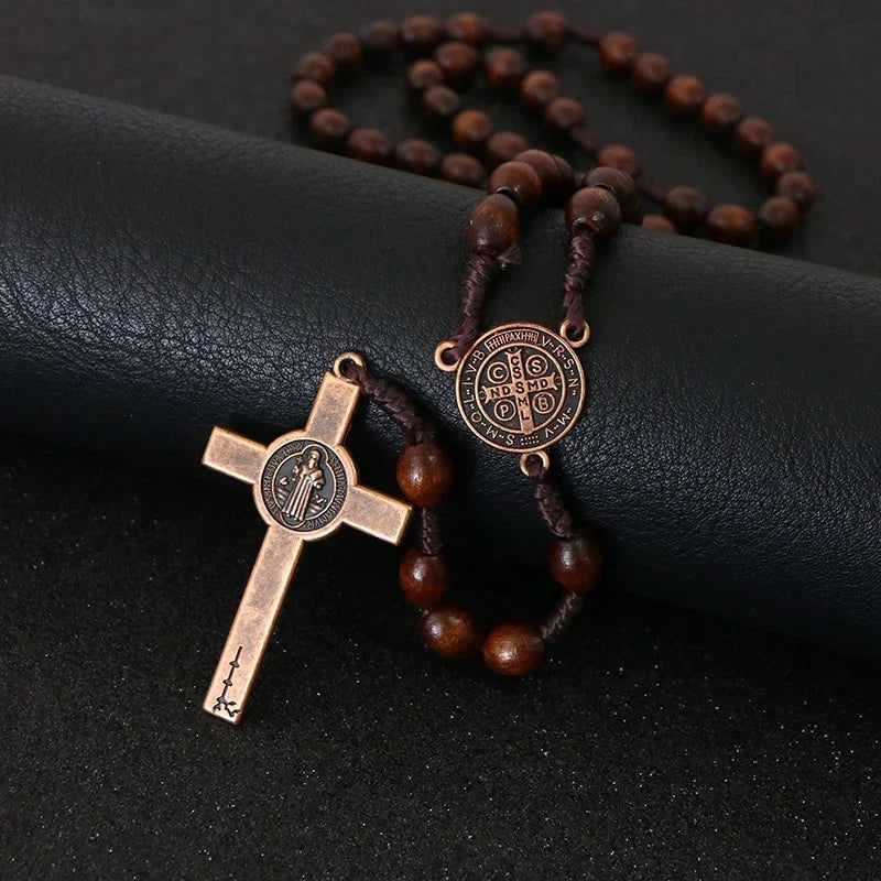 Christ Jesus Wooden Beads 8mm Rosary Bead Cross Pendant Woven Chain Necklace