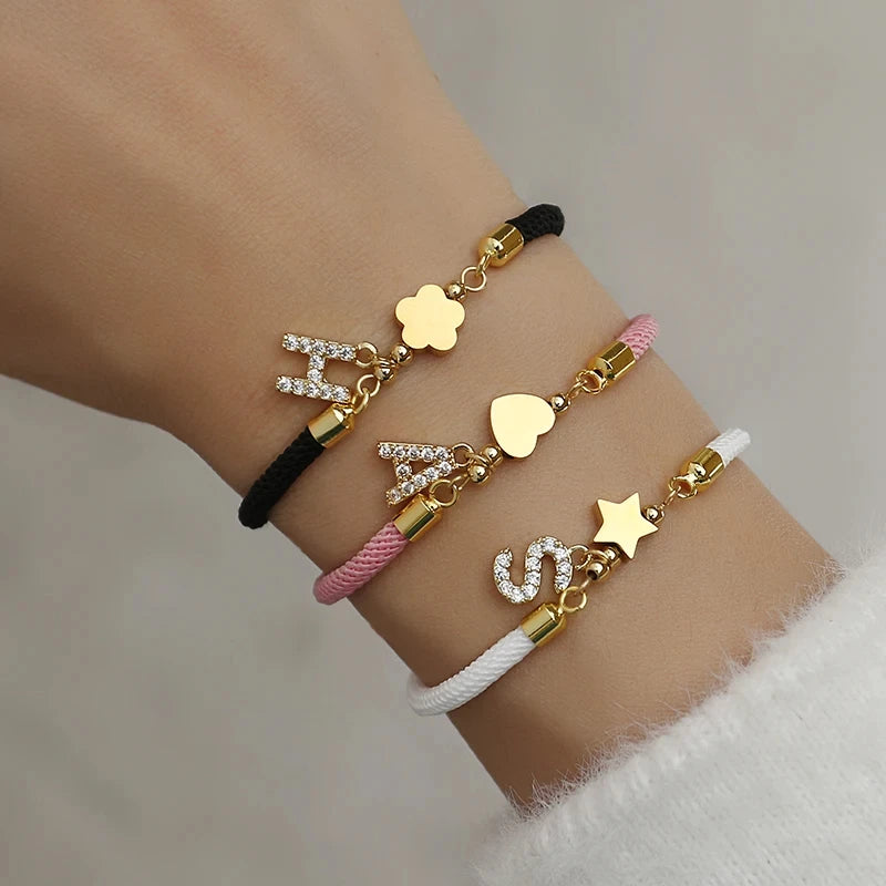 Pave Cubic A-Z Initial Letter Women Bracelet Star Heart Flower Rope Bracelet