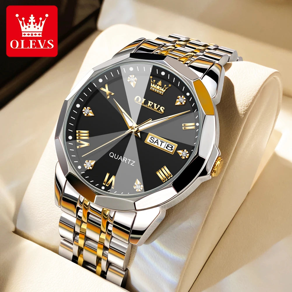 Quartz Solid Stainless Steel Strap Rhombus Design Wristwatch for Men Waterproof