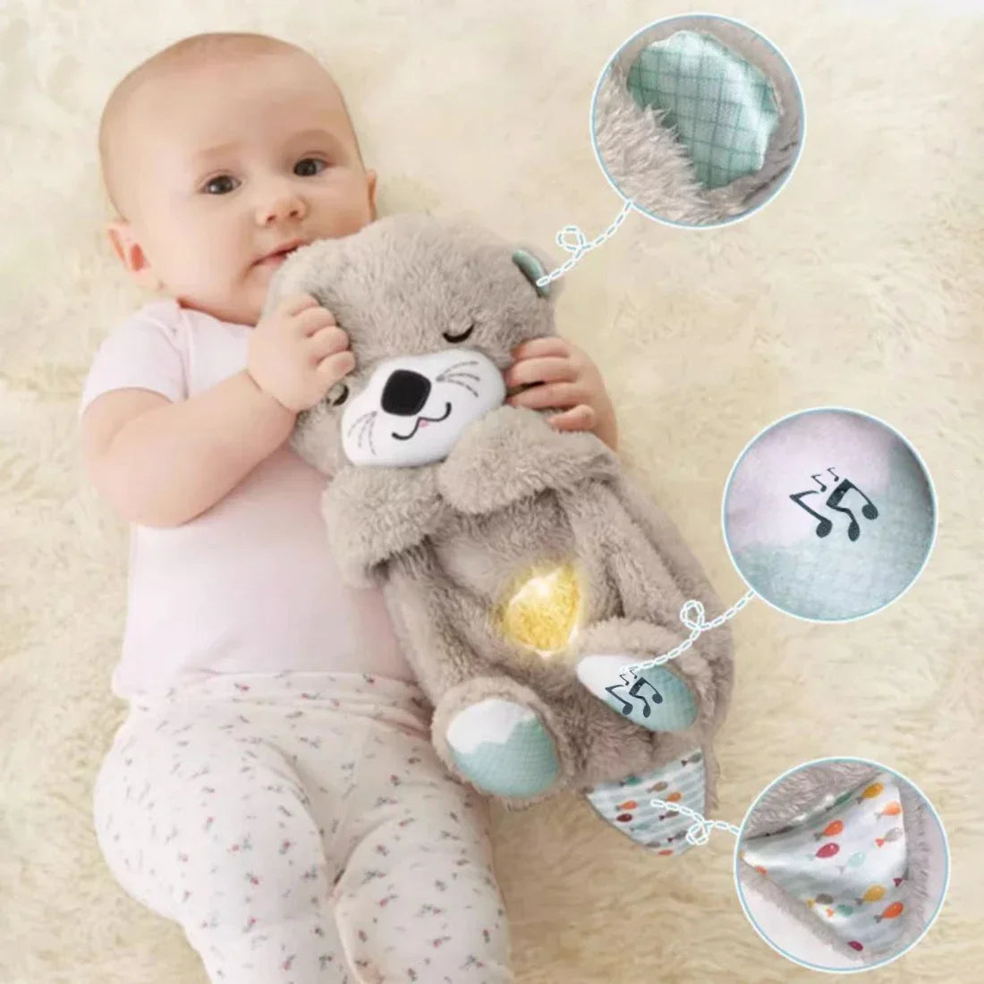 All-in-one Sleeping Otter Plush Toy Breathing Pillow Light Sound Newborn Soothing Toy