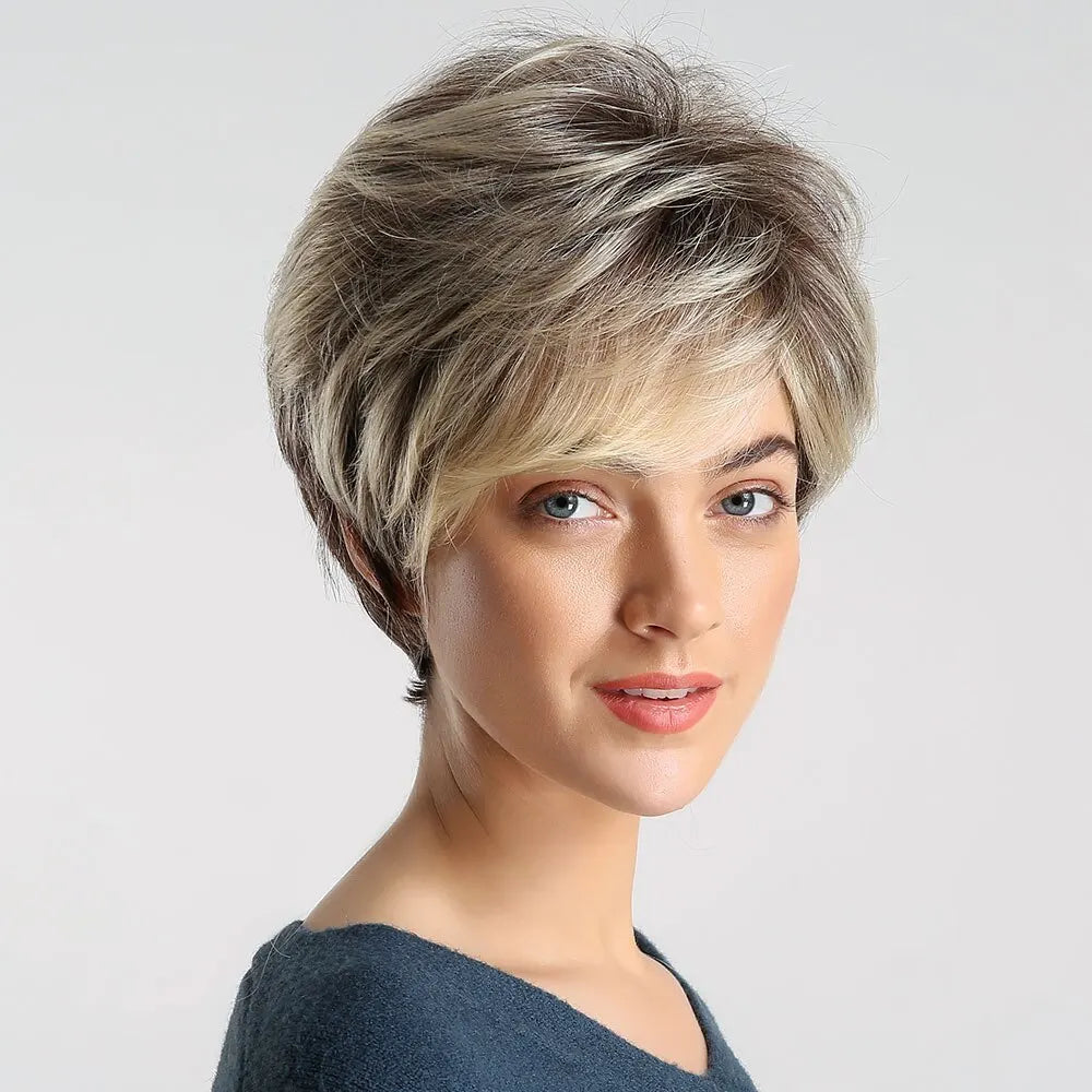 Short Pixie Cut Wigs For Women Brown Mixed Blonde Wigs With Bangs Natural Looking Hair Replacement