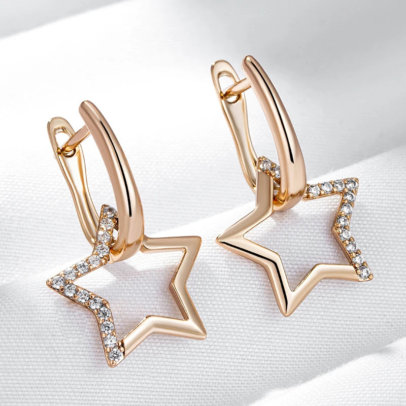 Glossy 585 Gold Color Star Dangle Earrings For Women Paved Natural Zircon Accessories Daily Fine Jewelry