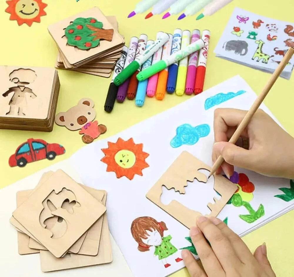 Montessori Kids Toys Drawing Toys Wooden DIY Painting Template Stencils