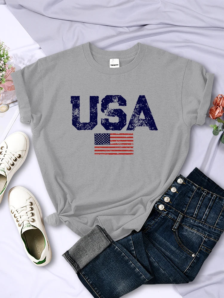 American Flag Stars and Stripes Printed Women T-Shirts