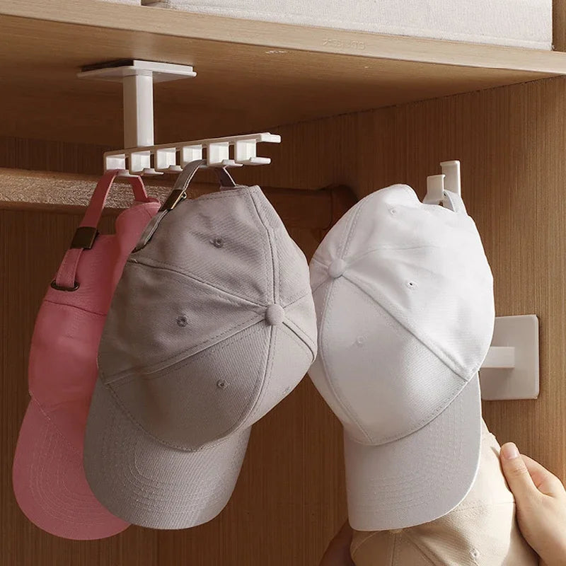 Cap Organizer for Hanging, 6 Hooks Hat Hanger, Strong Adhesive Support for Caps, Multifunction Hat Hoop Rack