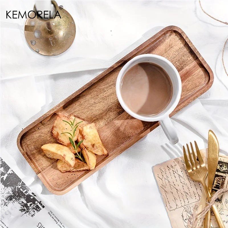 KEMORELA 1PCS Acacia Wood Coffee Tray Food CupTrays Decorative Wood Tray Dessert Candy Bamboo Tray Gongfu Tea Tray