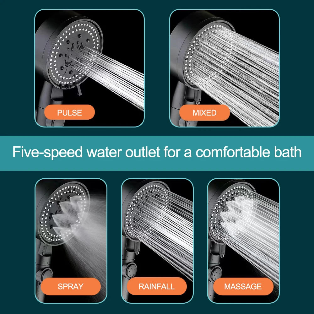 High Pressure Shower Head 5 Modes Adjustable with Hose One-Key Stop Spray Nozzle