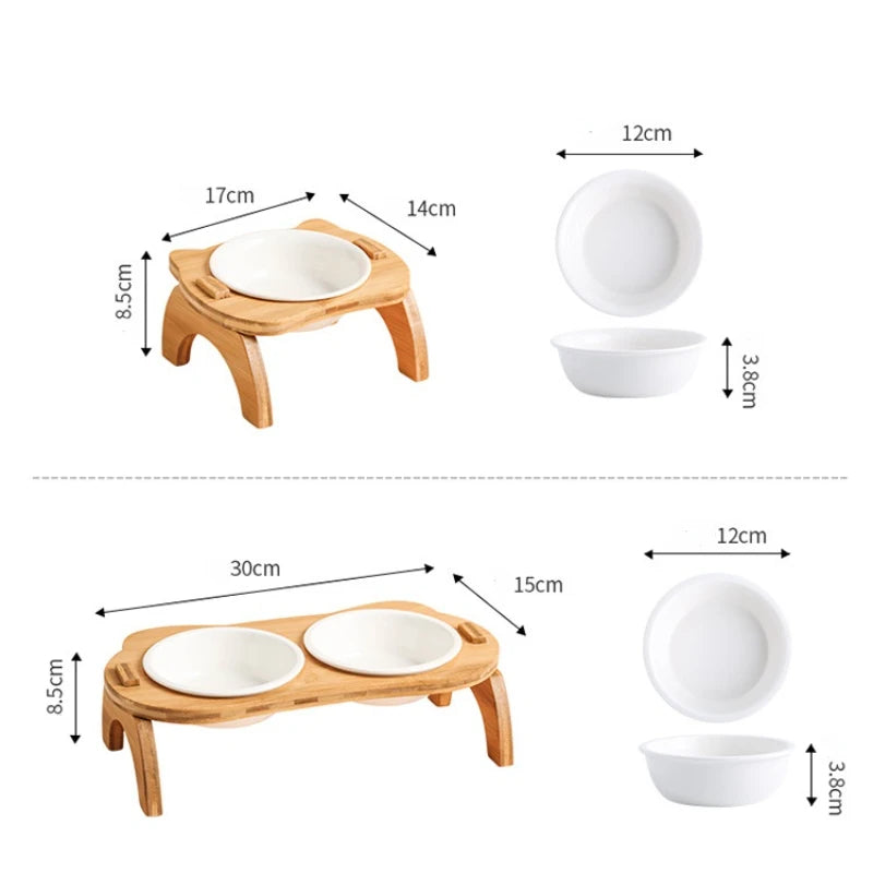 Elevated Bamboo Food Bowls for Cat and Dog Anti-Leak Pet Food Water Bowl Feeder