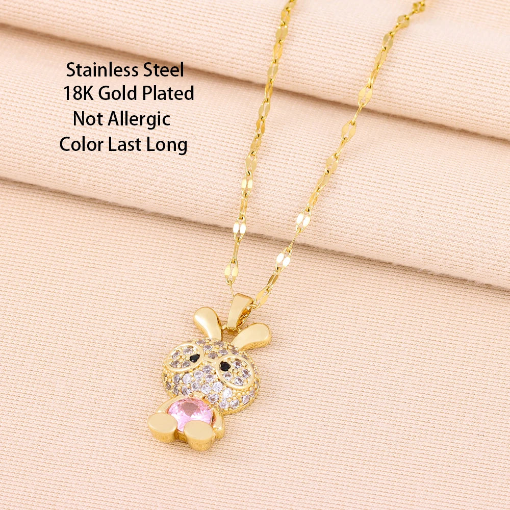 Sparkling Sweet Sexy Zircon Crystal Rabbit Pendant Necklaces For Women Trendy Ladies Stainless Steel Neck Chain Jewelry