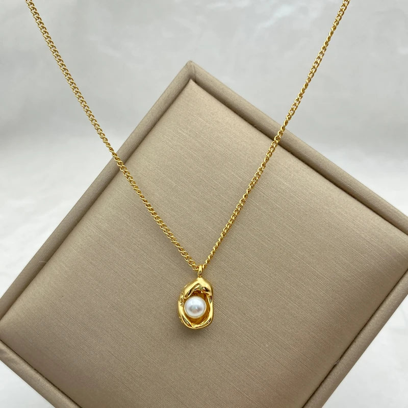 Gold Color Peanut Pearl Pendants Stainless Steel Necklace for Women