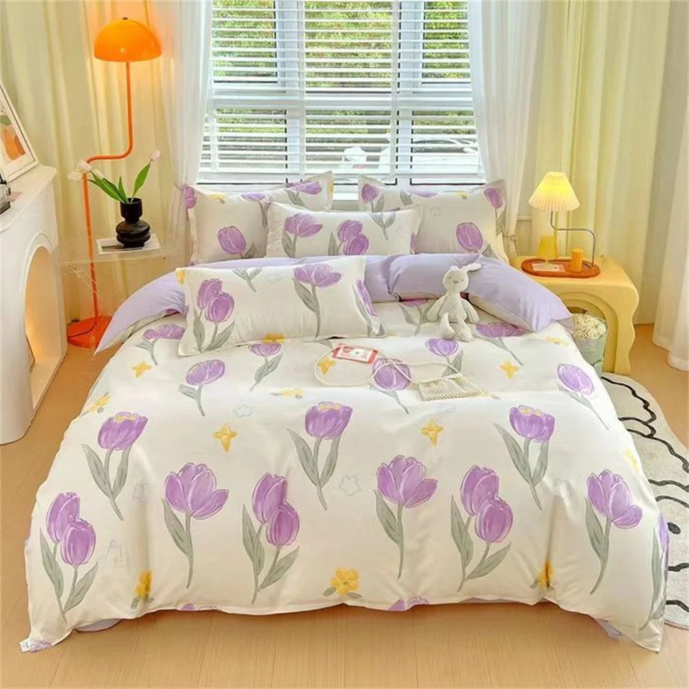 Cute Pink Strawberry Duvet Cover Flat Sheet Pillowcase Floral Bedding Set