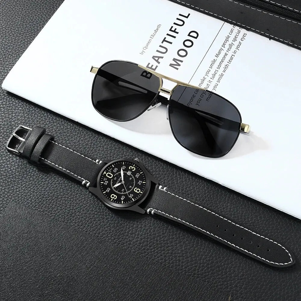 Sports Watches Glasses Set For Men Military Quartz Casual Leather Wrist Watch