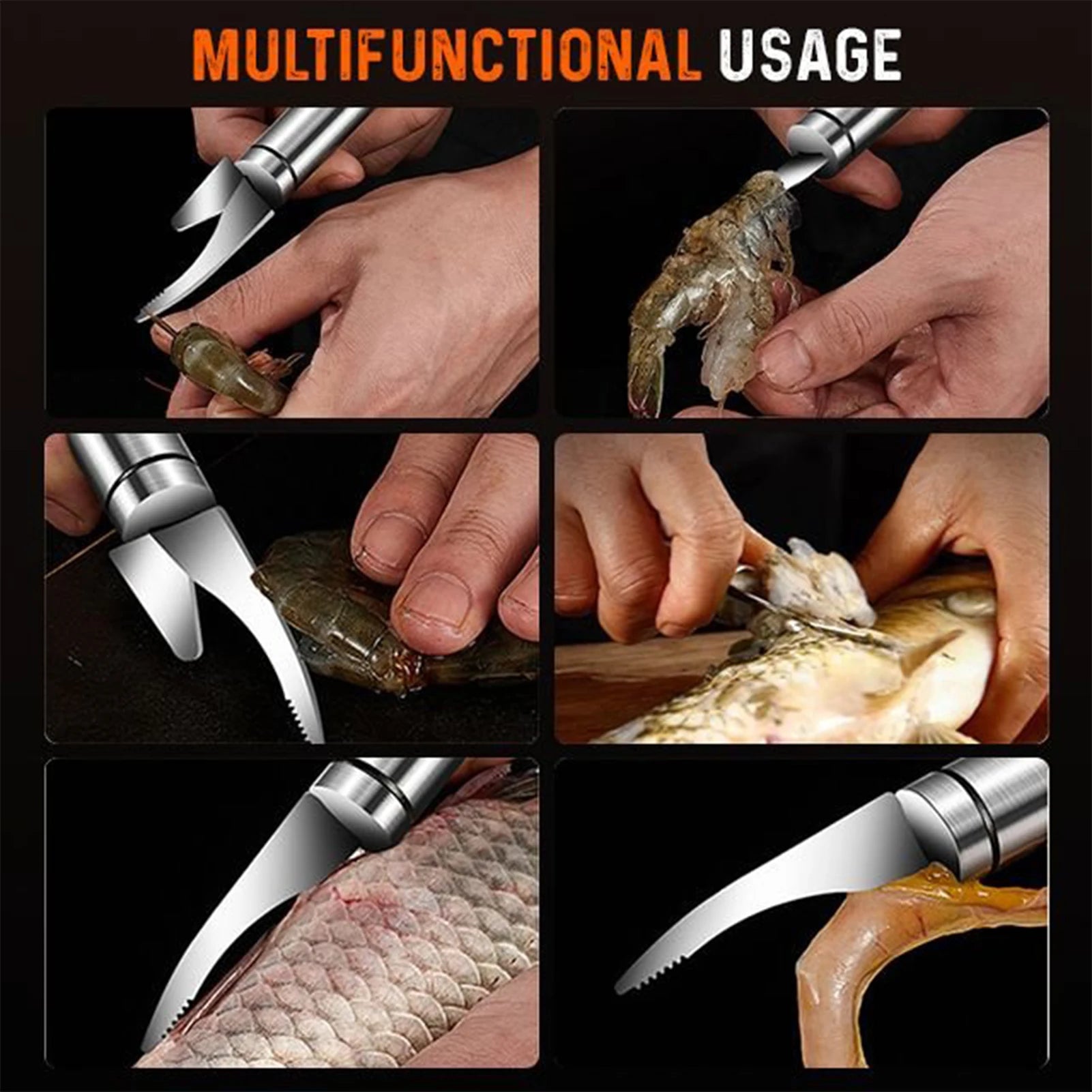 6 In 1 Multifunctional Fast Shrimp Peeler Stainless Steel Shrimp Line Cutting Scraping Digging Fish Scales Knife Kitchen Tools