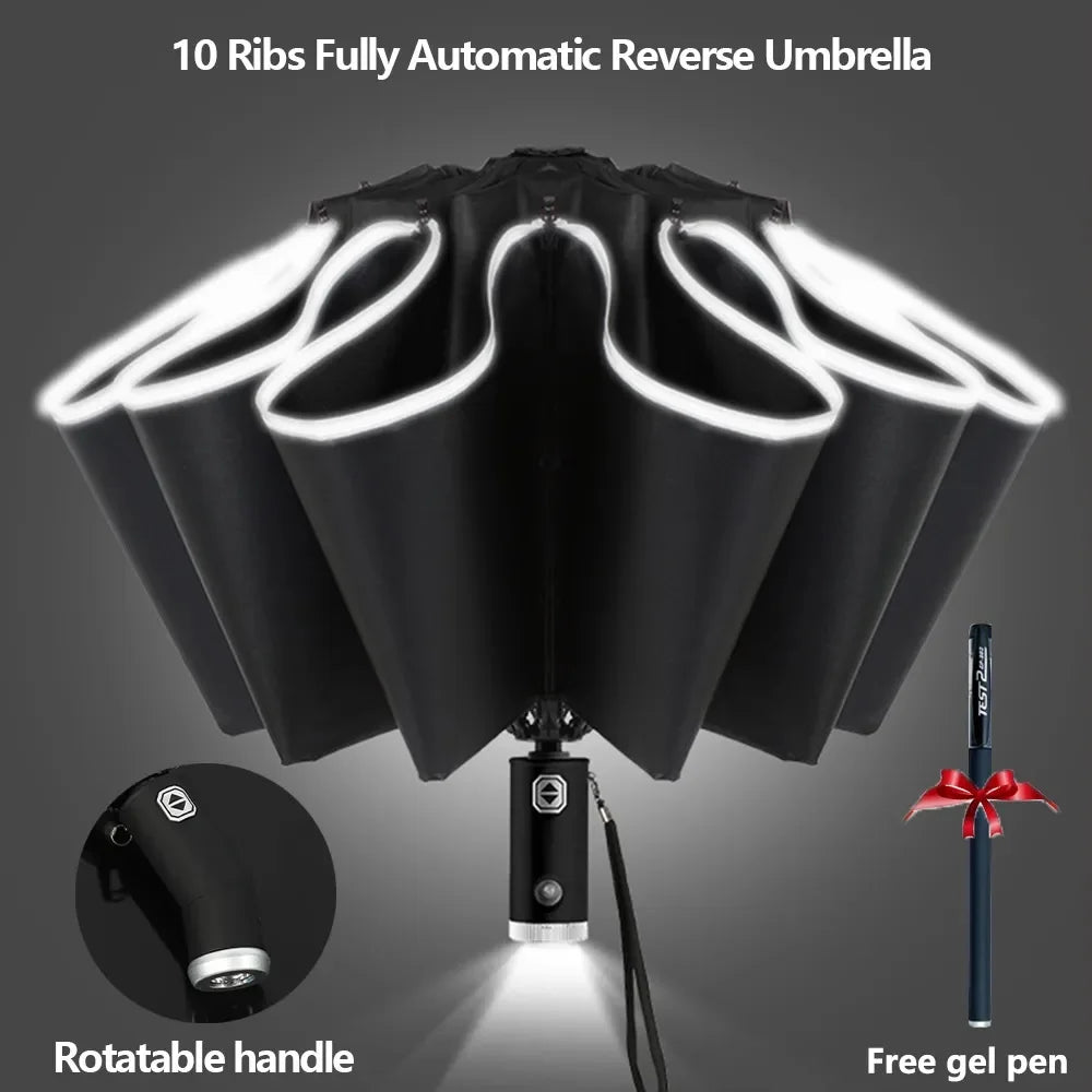 Fully Automatic Reverse Folding Umbrella With LED Flashlight 10Ribs Windproof