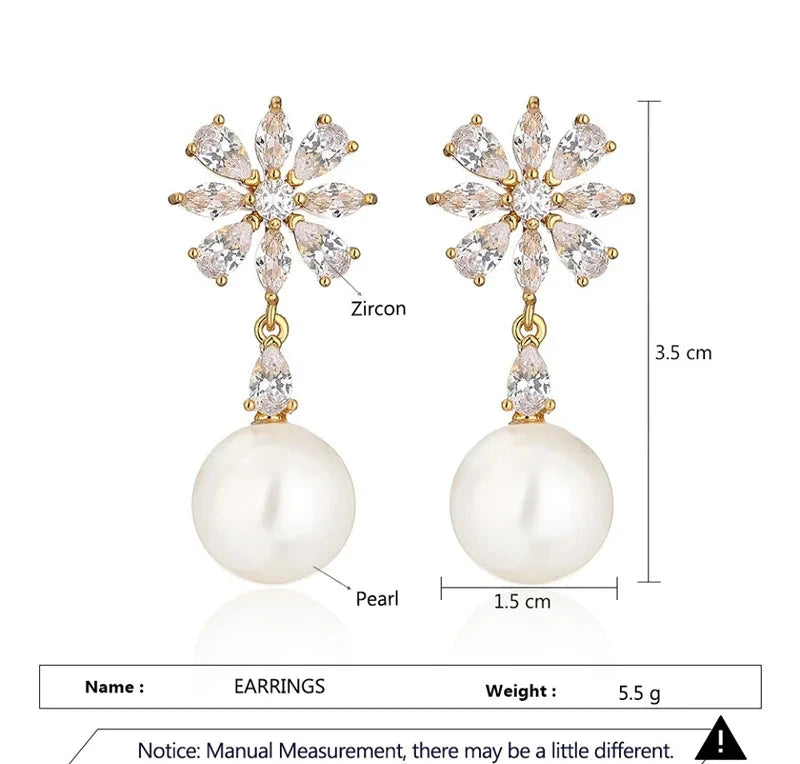 Zircon Flower Earrings for Women Exquisite Imitation Pearl Pendant Earring