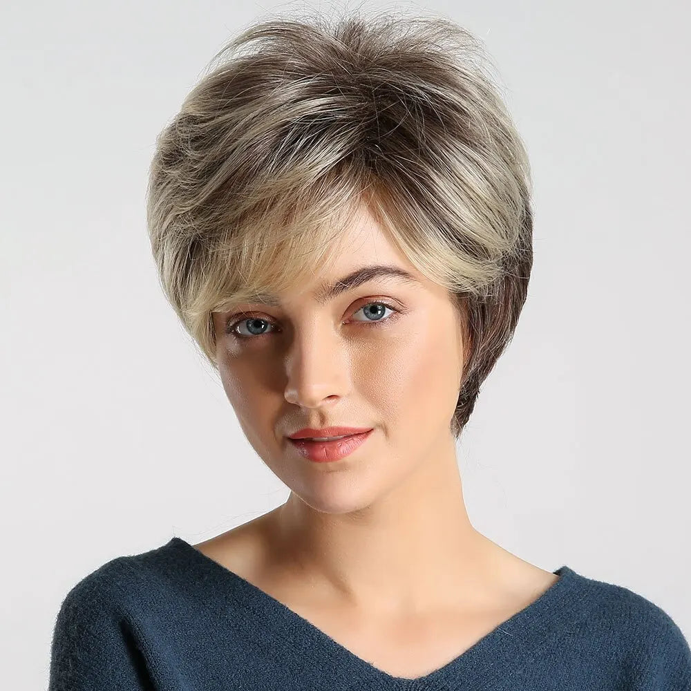 Short Pixie Cut Wigs For Women Brown Mixed Blonde Wigs With Bangs Natural Looking Hair Replacement