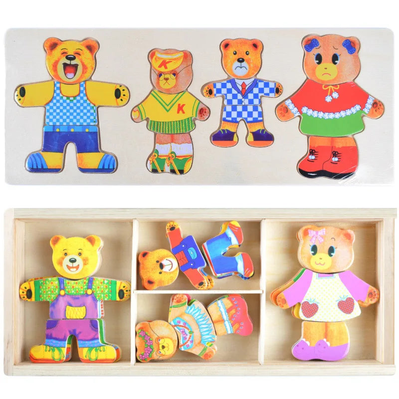 Cartoon Change Clothes Kids Early Educational Wooden Toy Jigsaw Puzzle Bear Dressing Game Montessori Baby Toys For Children Gift